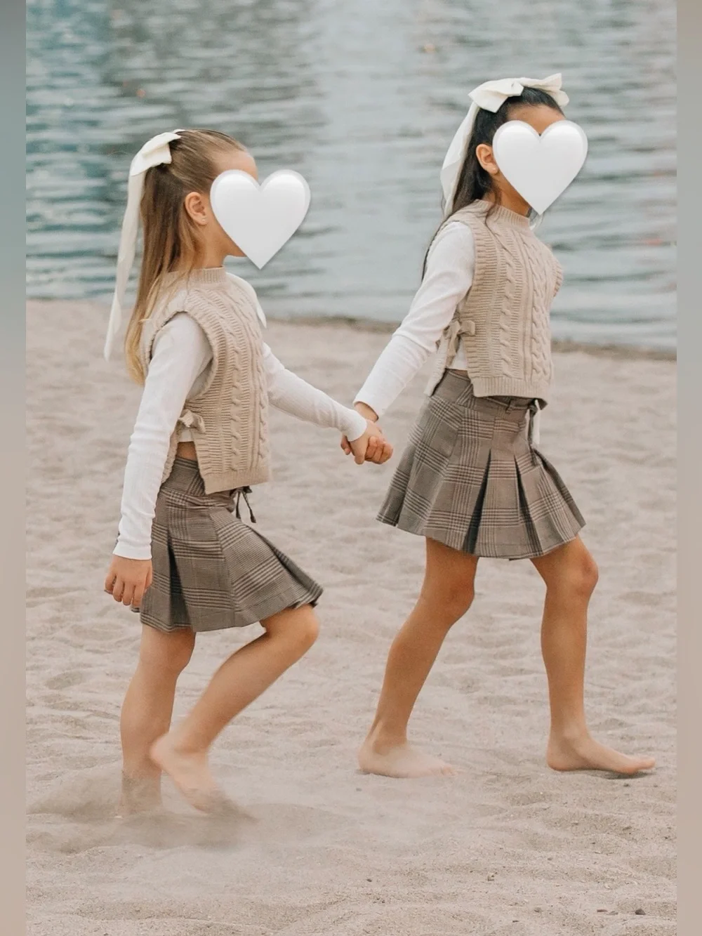 2 Set Girls Cable Knit Vest w/ Knit Long Sleeve T-Shirt & Plaid Pleated Skort 7